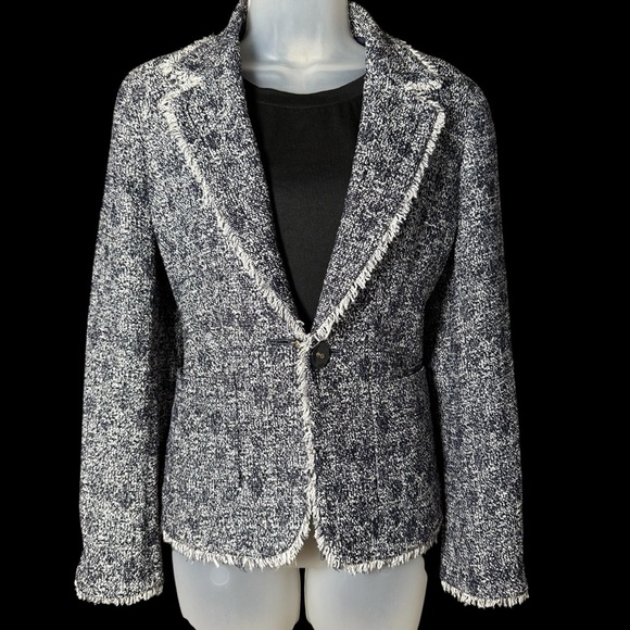 Talbots Blazer Navy White Tweed Fringe Preppy Career Size 6 - Picture 1 of 6